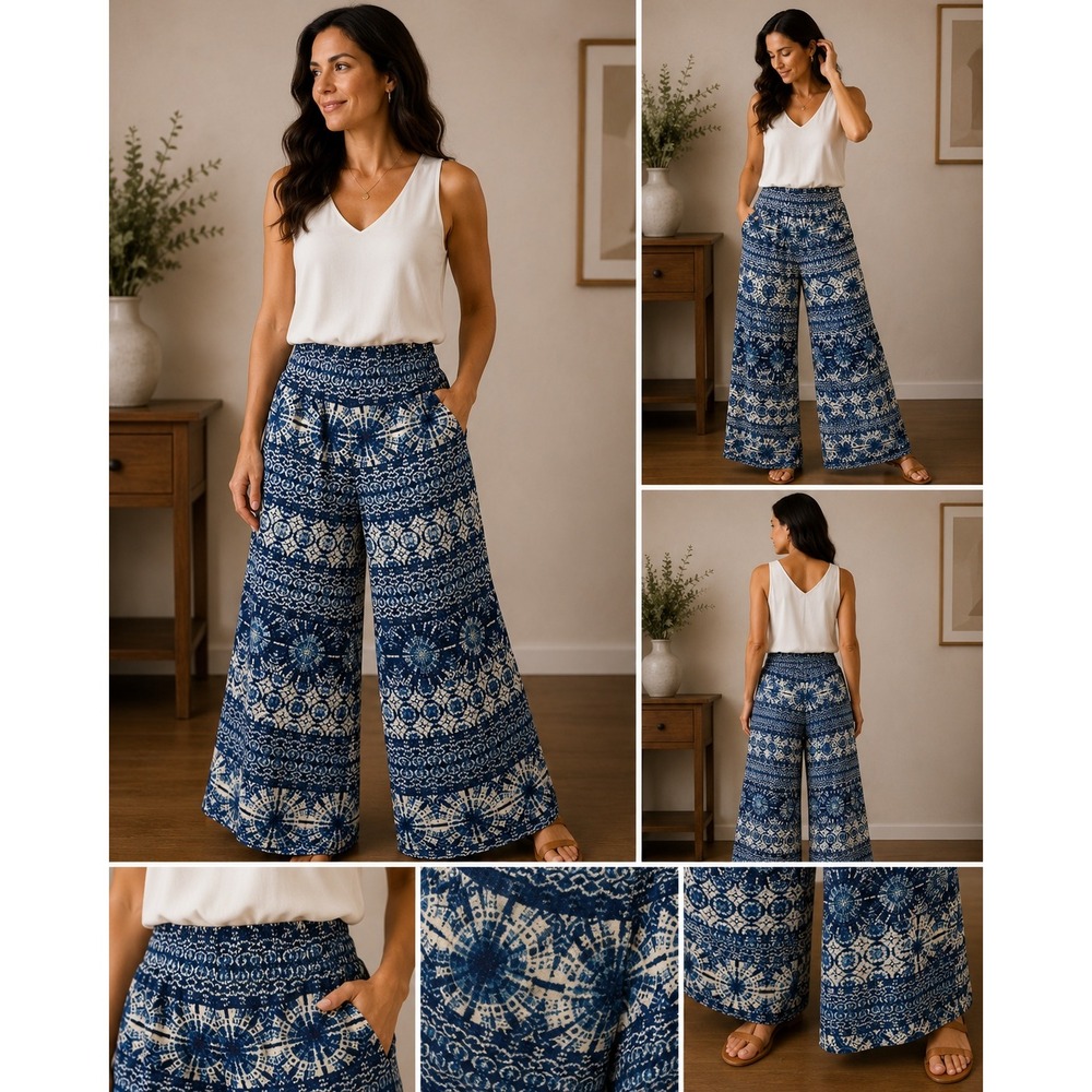 New‎ Directions Womens Blue White Geometric Print Palazzo Wide Leg Pants Small